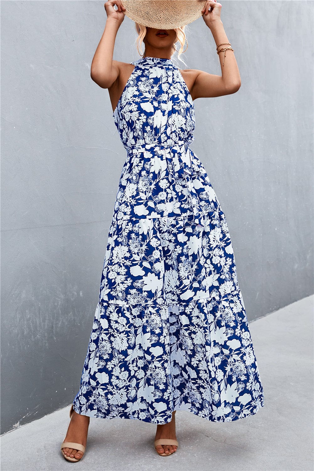 Geprinte Mouwloze Maxi Jurk met Tailleband
