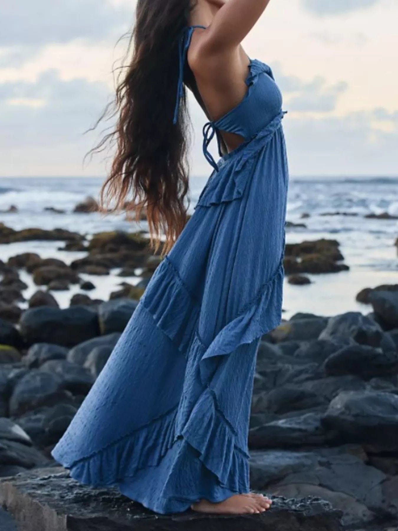 Gerimpelde halternek maxi-jurk polyester