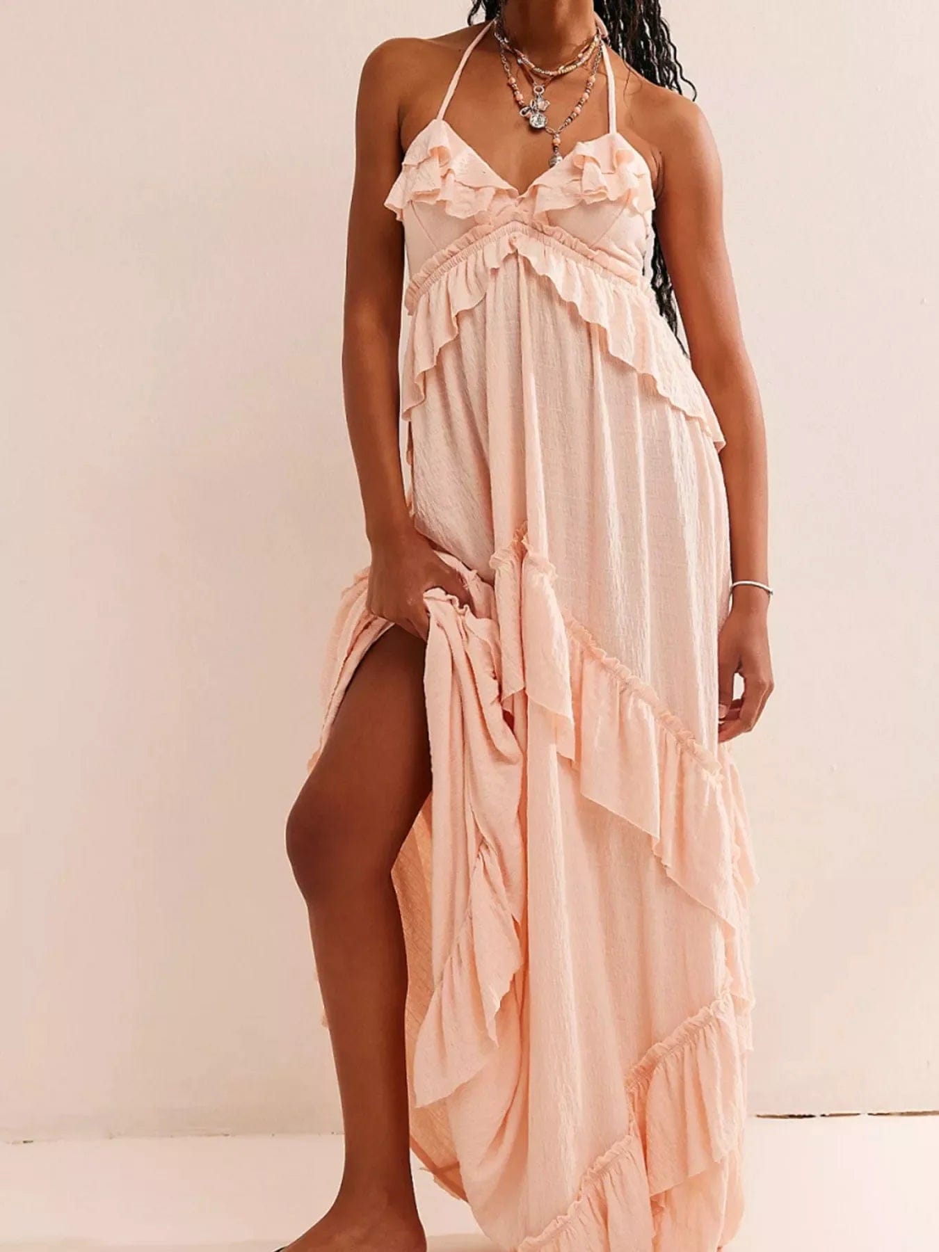 Gerimpelde halternek maxi-jurk polyester