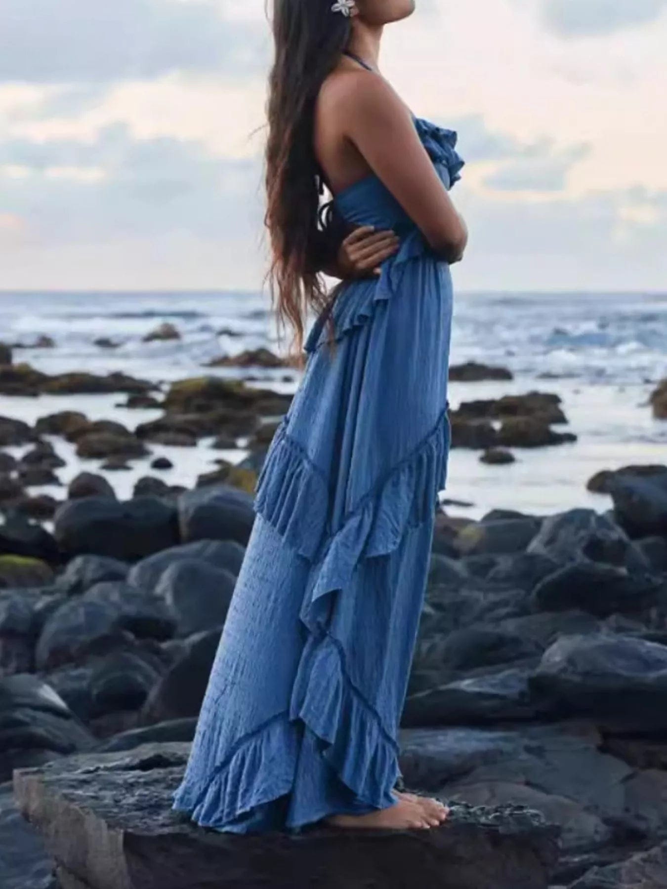 Gerimpelde halternek maxi-jurk polyester