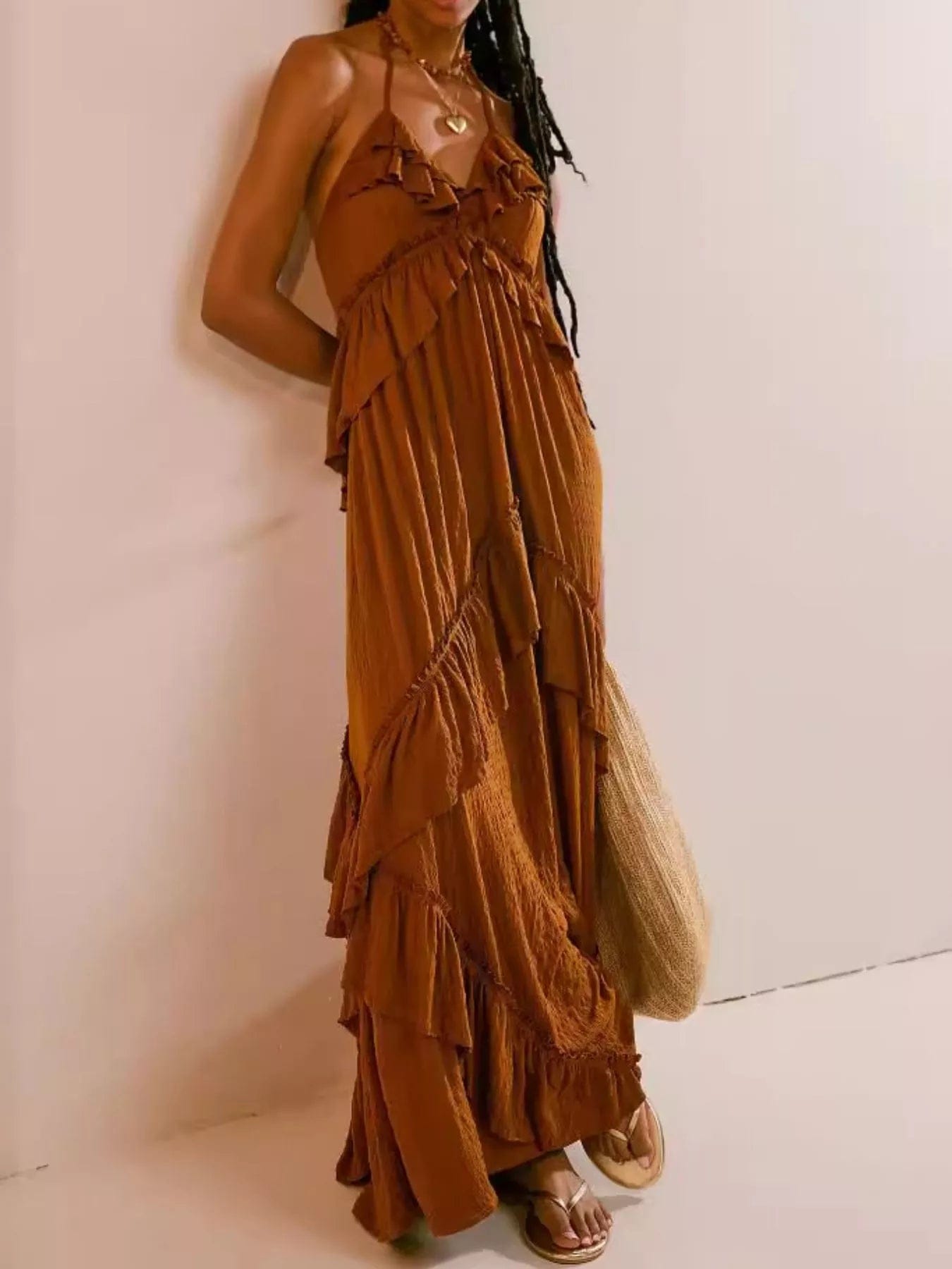 Gerimpelde halternek maxi-jurk polyester