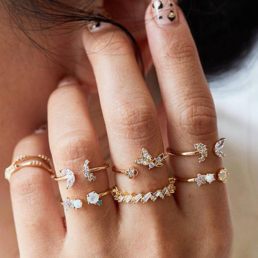 Goude Ringen Set Met Diamanten Vleugeltjes