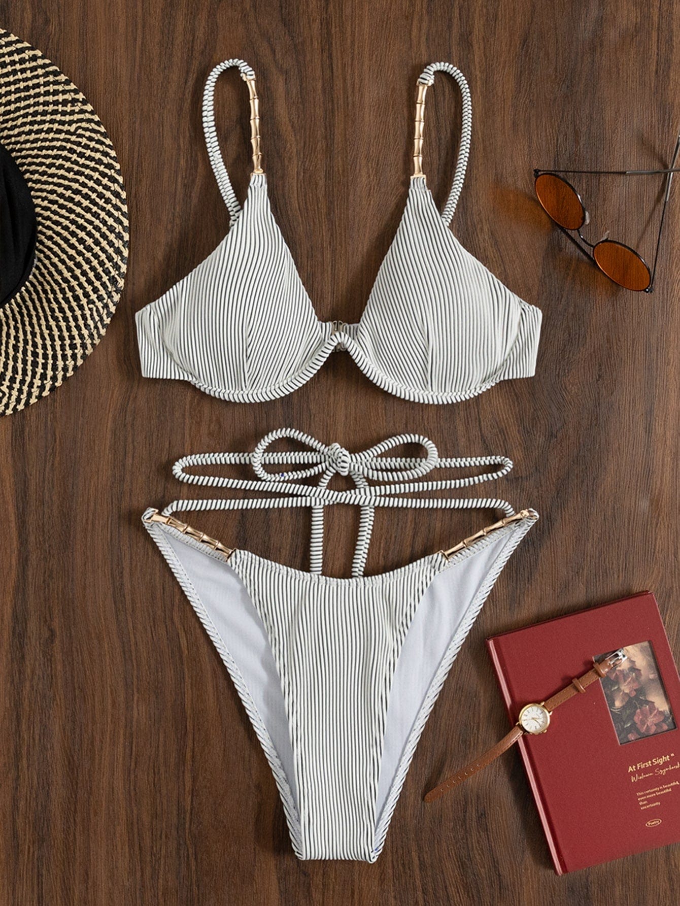 Grijs Gestreepte Vintage Bikini