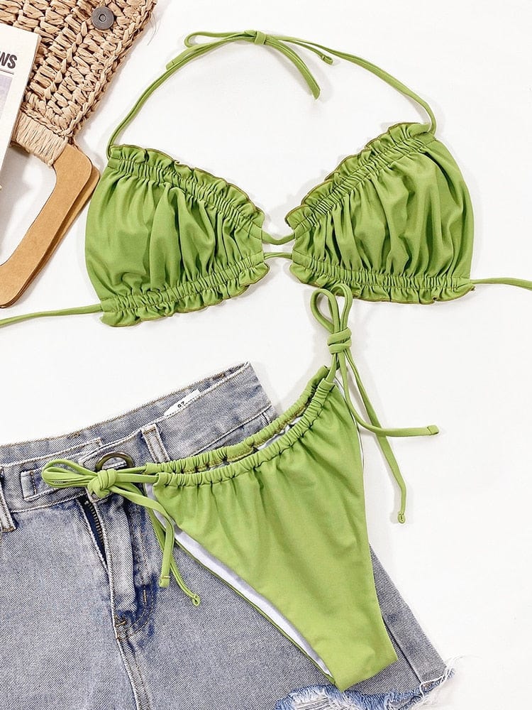Groene Boho Bikini met Ruches en Kraagjes