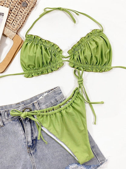 Groene Boho Bikini met Ruches en Kraagjes