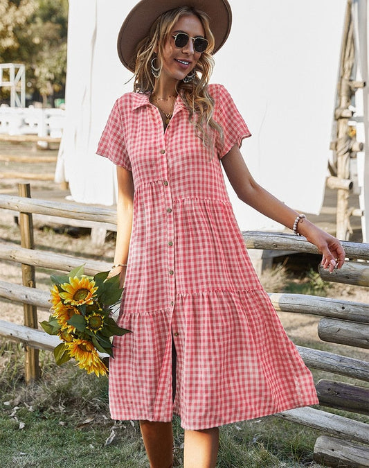 Ibiza Stijl Midi Jurk Met Wit En Roze Blokjes