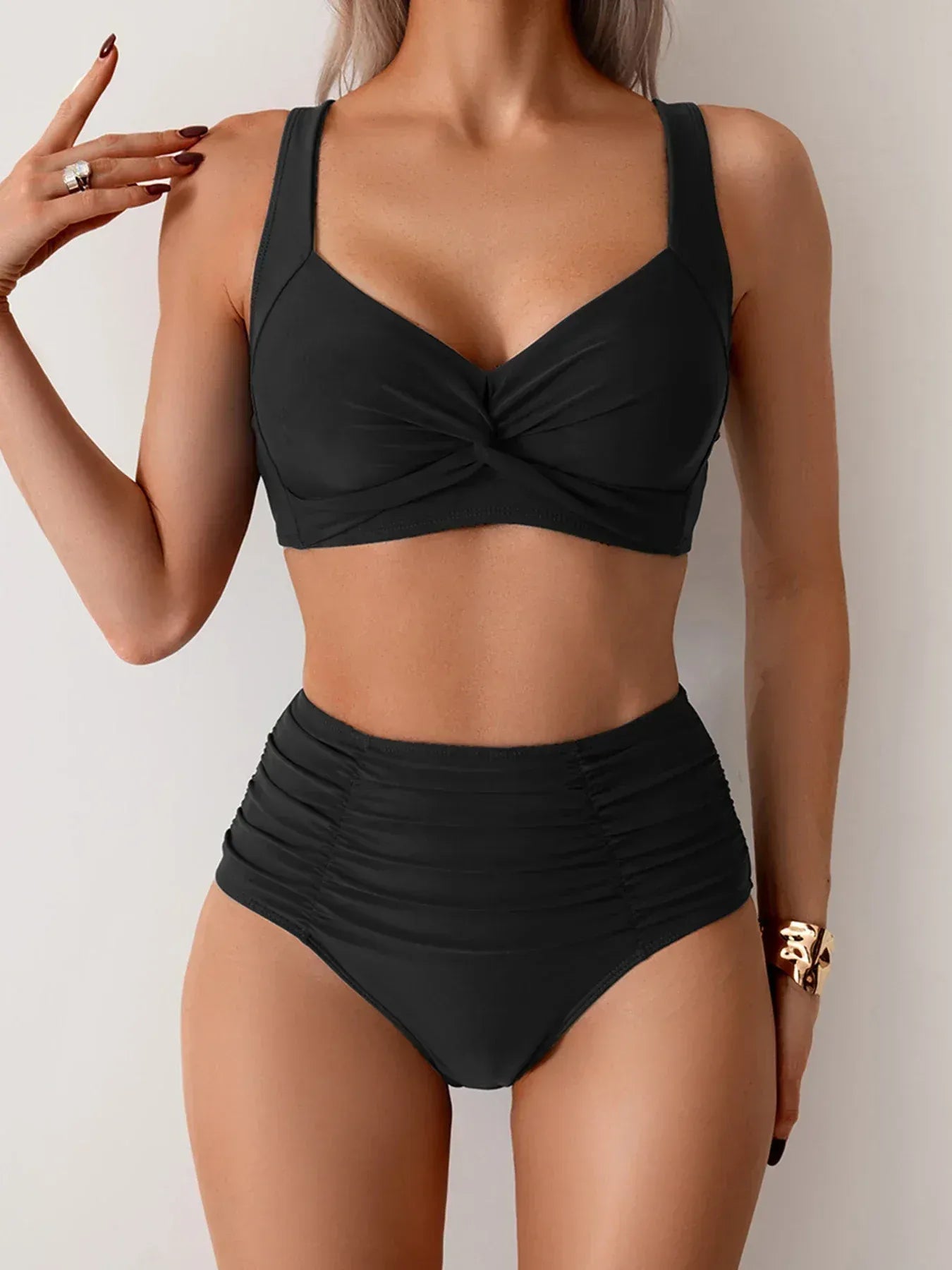 Dames hoge taille gerimpelde bikini als complete tweedelige set