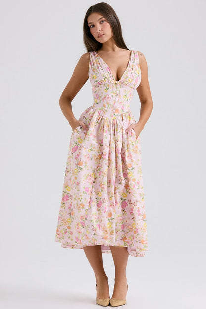 Dames midi jurk met bloemenprint voor bruiloftsgast, achteraanzicht