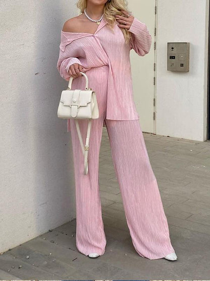 Dames Plissé Set Met Blouse En Broek