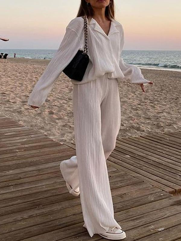 Dames Plissé Set Met Blouse En Broek