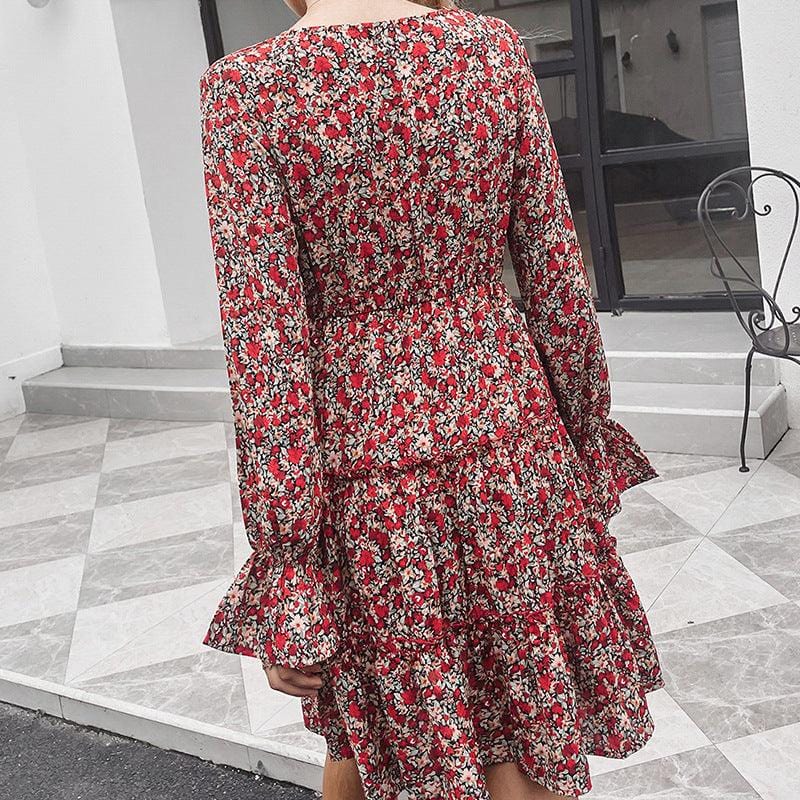 Korte Rode Jurk met Bloemenprint en Lange Mouwen