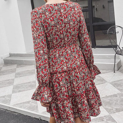 Korte Rode Jurk met Bloemenprint en Lange Mouwen