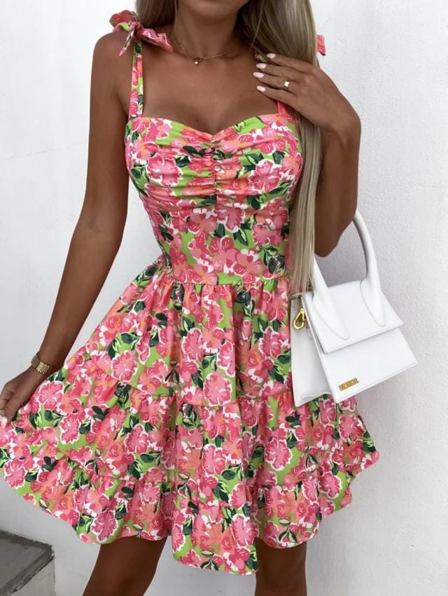 Korte Roze Bloemen Jurk Bohemian Stijl