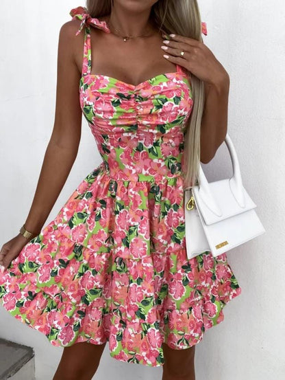 Korte Roze Bloemen Jurk Bohemian Stijl