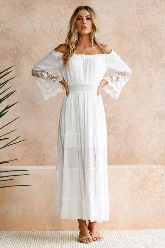 Lange Witte Boho Jurk met Kanten Mouwen