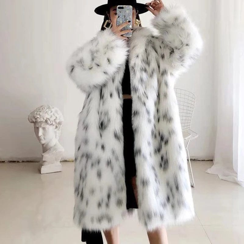 Lange Witte Faux Fur Jas met Print