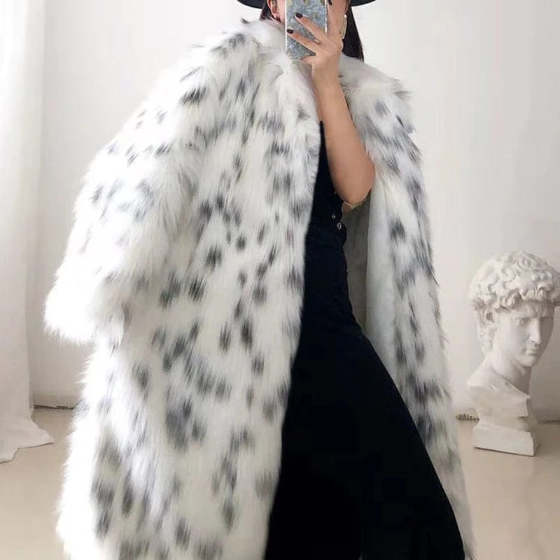 Lange Witte Faux Fur Jas met Print
