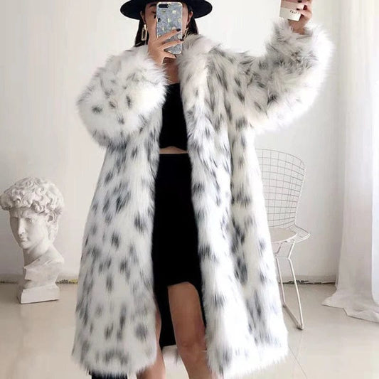 Lange Witte Faux Fur Jas met Print