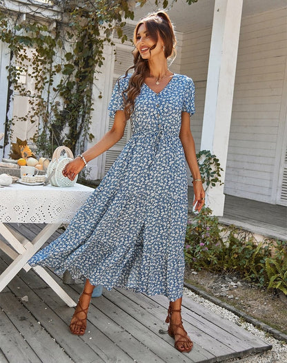 Lichtblauwe Boho Jurk Met V-hals En Split Print