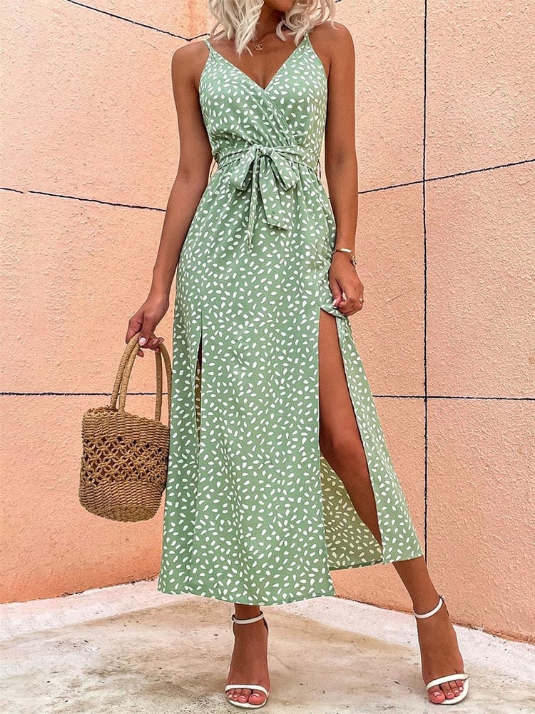 Lichtgroene Ibiza Boho Jurk Met V-hals En Stippen