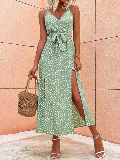 Lichtgroene Ibiza Boho Jurk Met V-hals En Stippen
