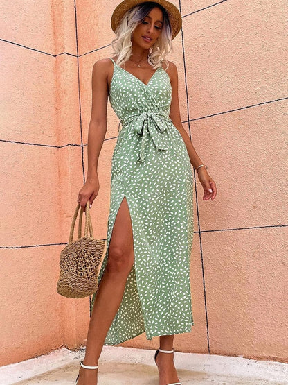 Lichtgroene Ibiza Boho Jurk Met V-hals En Stippen