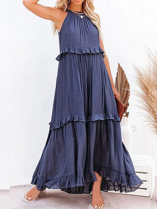Marine Blauwe Losse Zomerse Feestelijke Maxi Jurk
