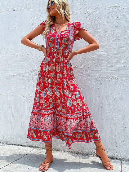 Maxi Bohemian Jurk Met Ibiza Stijl Print En V-hals Rood