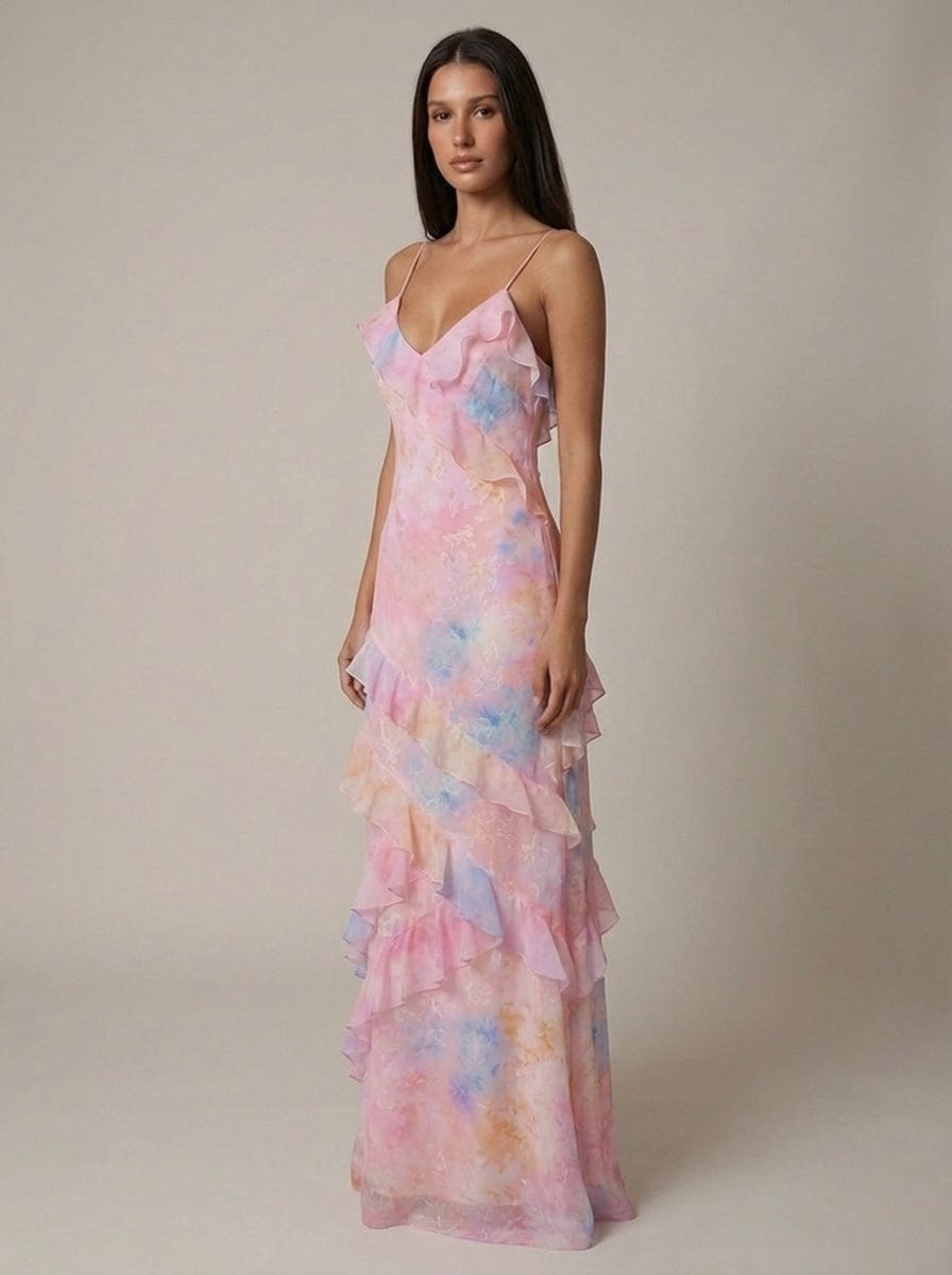 Maxi Jurk met Bloemenprint en Volants voor Dames