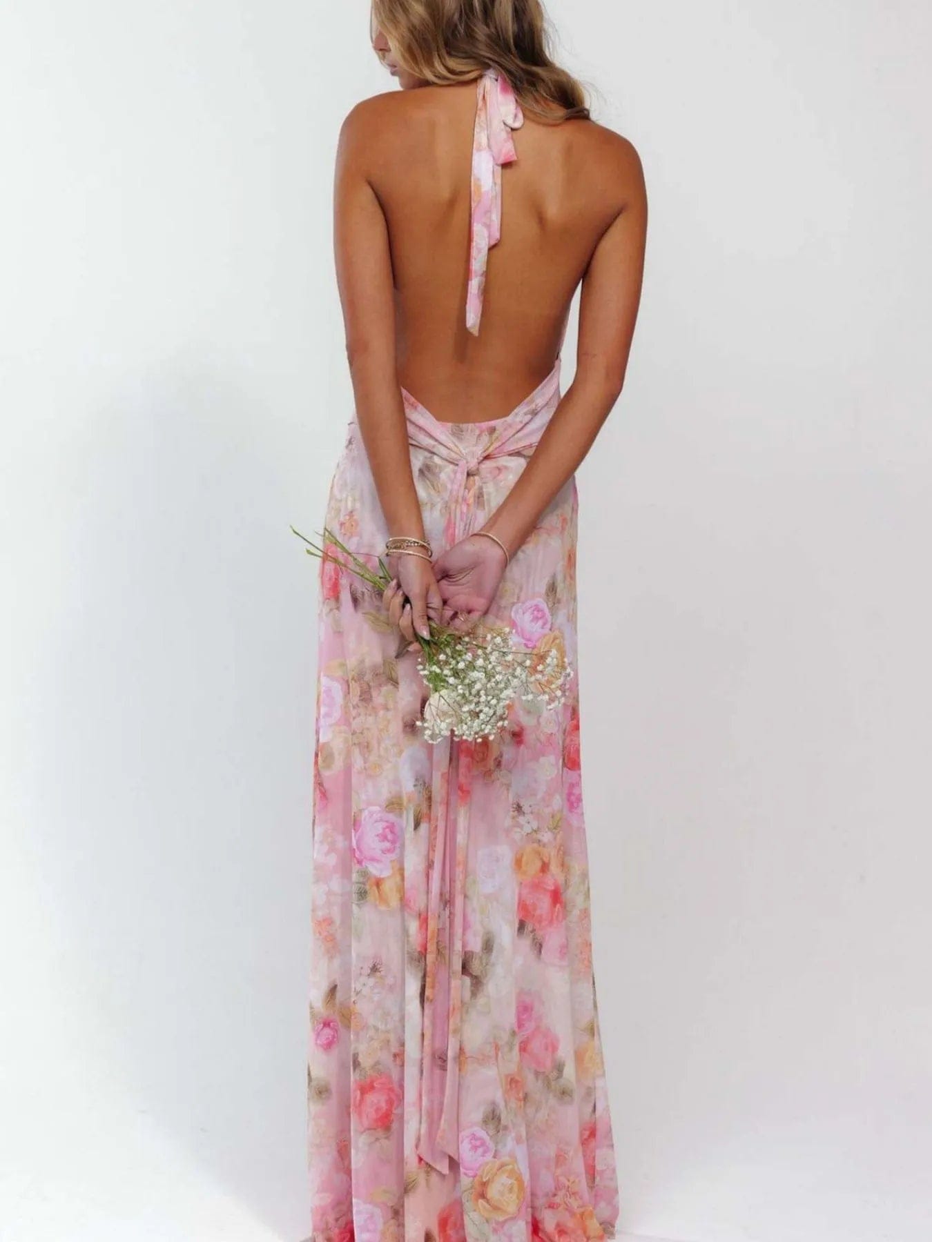 Maxi-jurk met bloemenprint, halternek en geplooide details