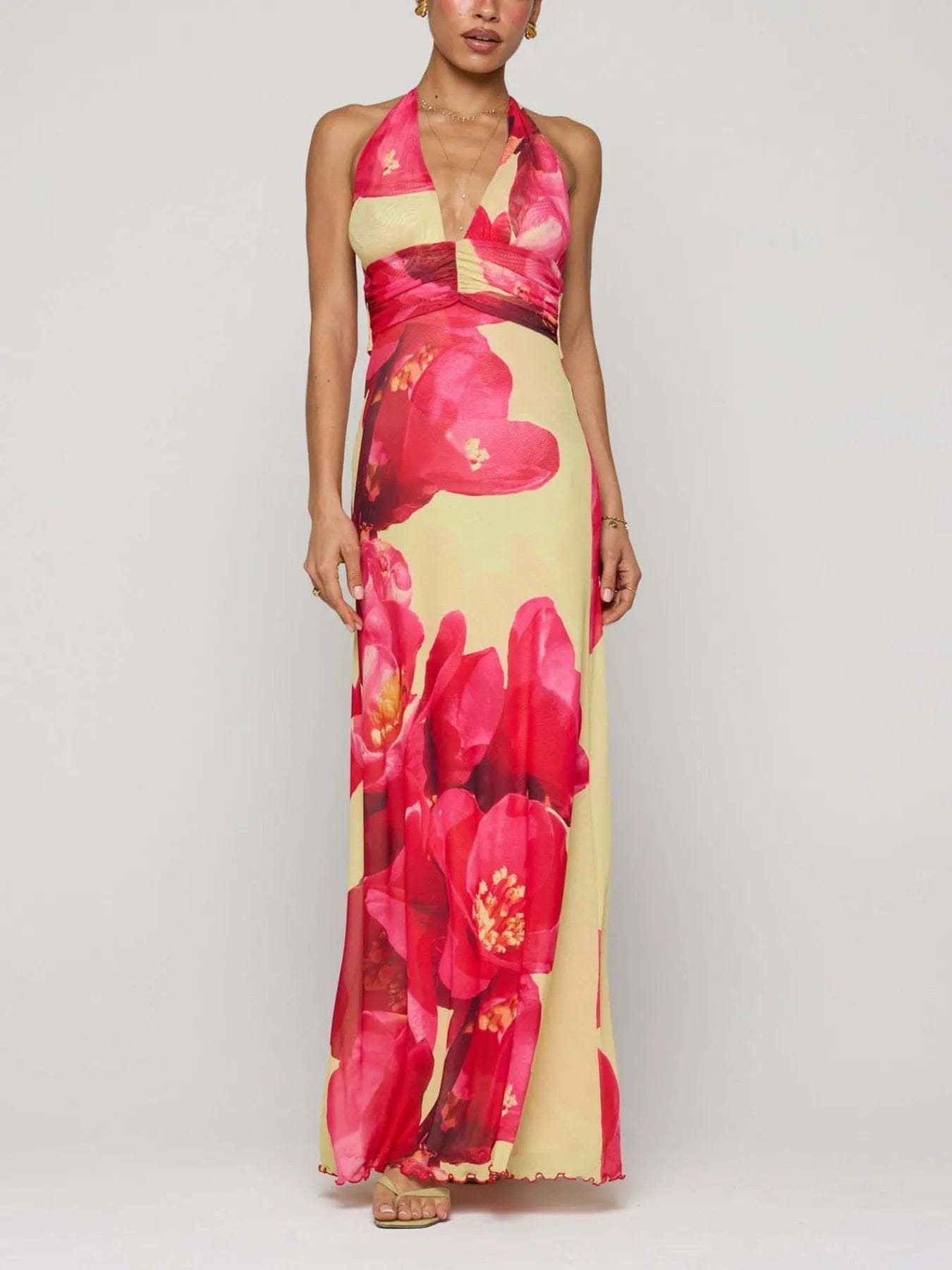 Maxi-jurk met bloemenprint, halternek en geplooide details