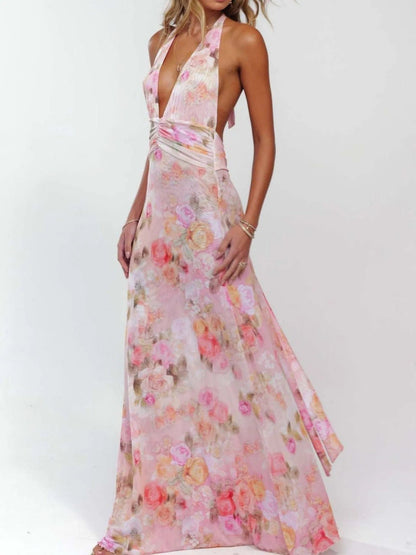 Maxi-jurk met bloemenprint, halternek en geplooide details