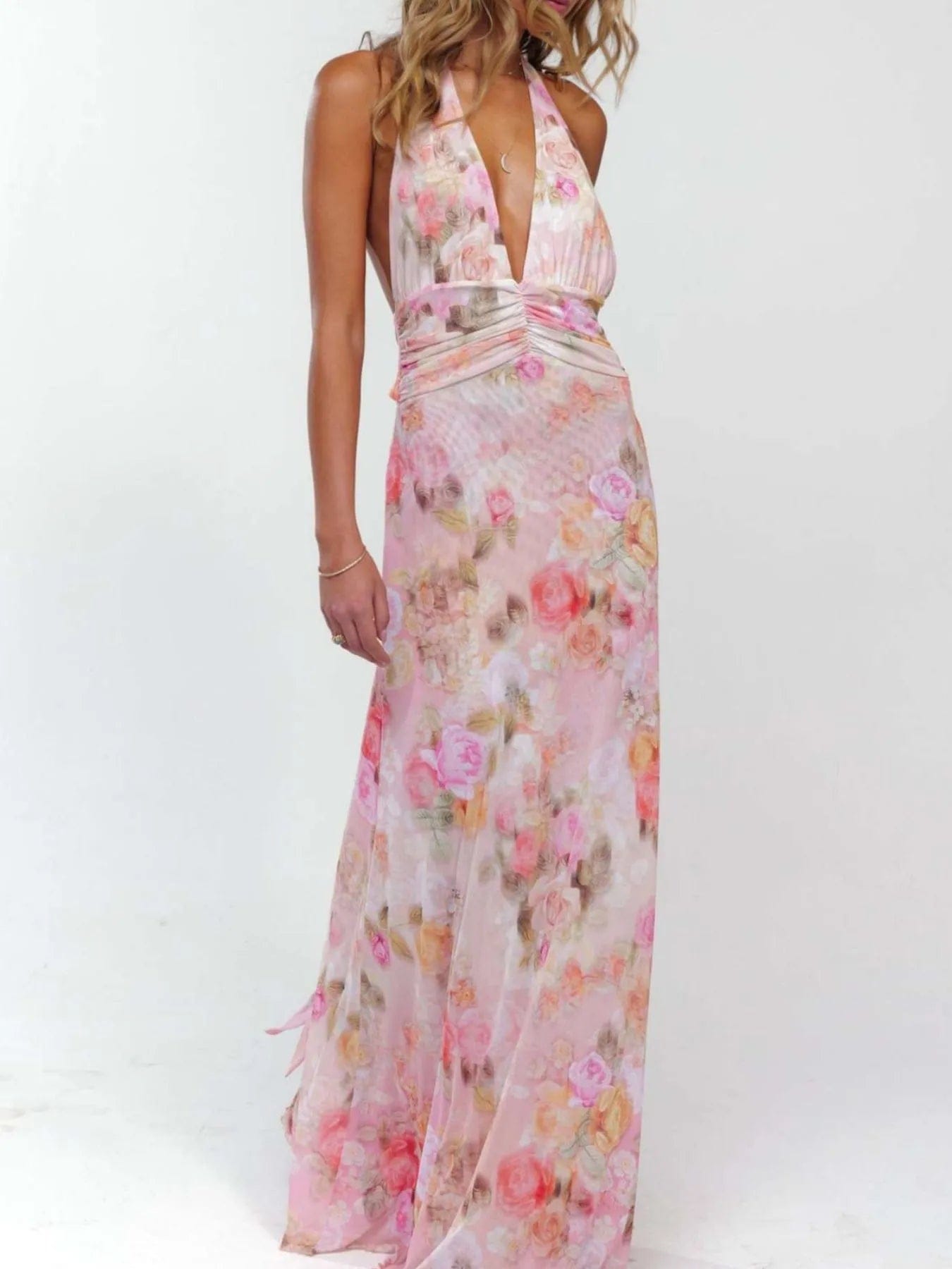Maxi-jurk met bloemenprint, halternek en geplooide details