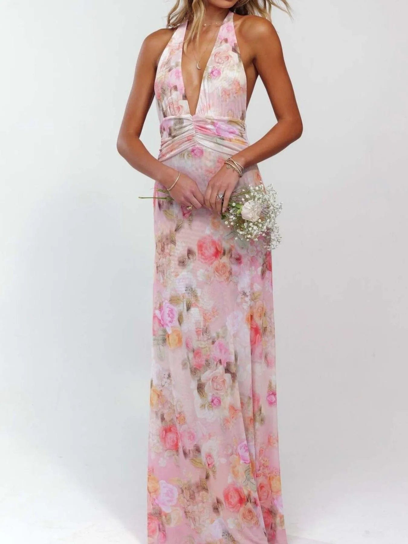 Maxi-jurk met bloemenprint, halternek en geplooide details