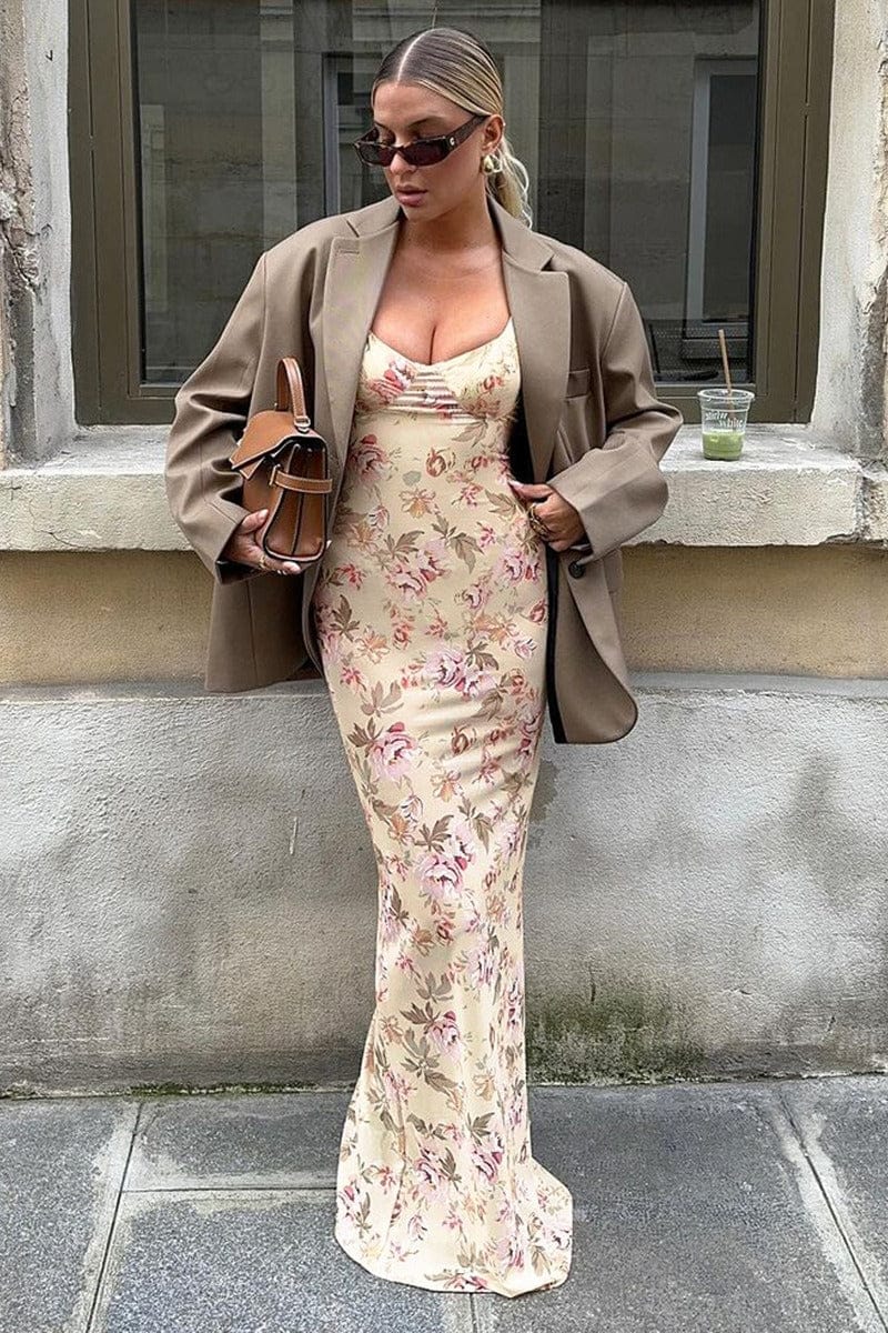 Maxi Jurk met Bloemenprint, Split en Cami, Abrikoos