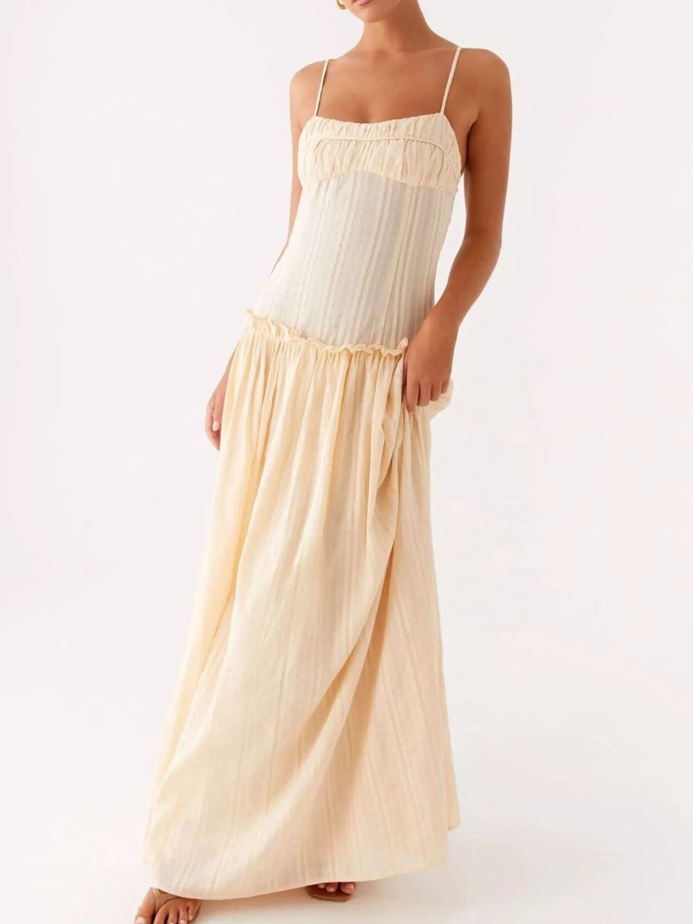 Maxi-jurk met smock en ruches en spaghetti bandjes