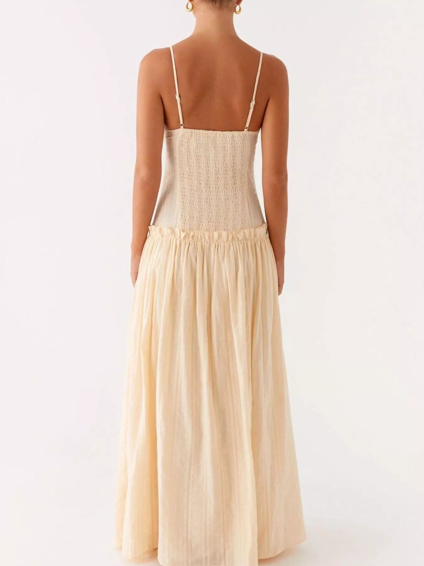 Maxi-jurk met smock en ruches en spaghetti bandjes