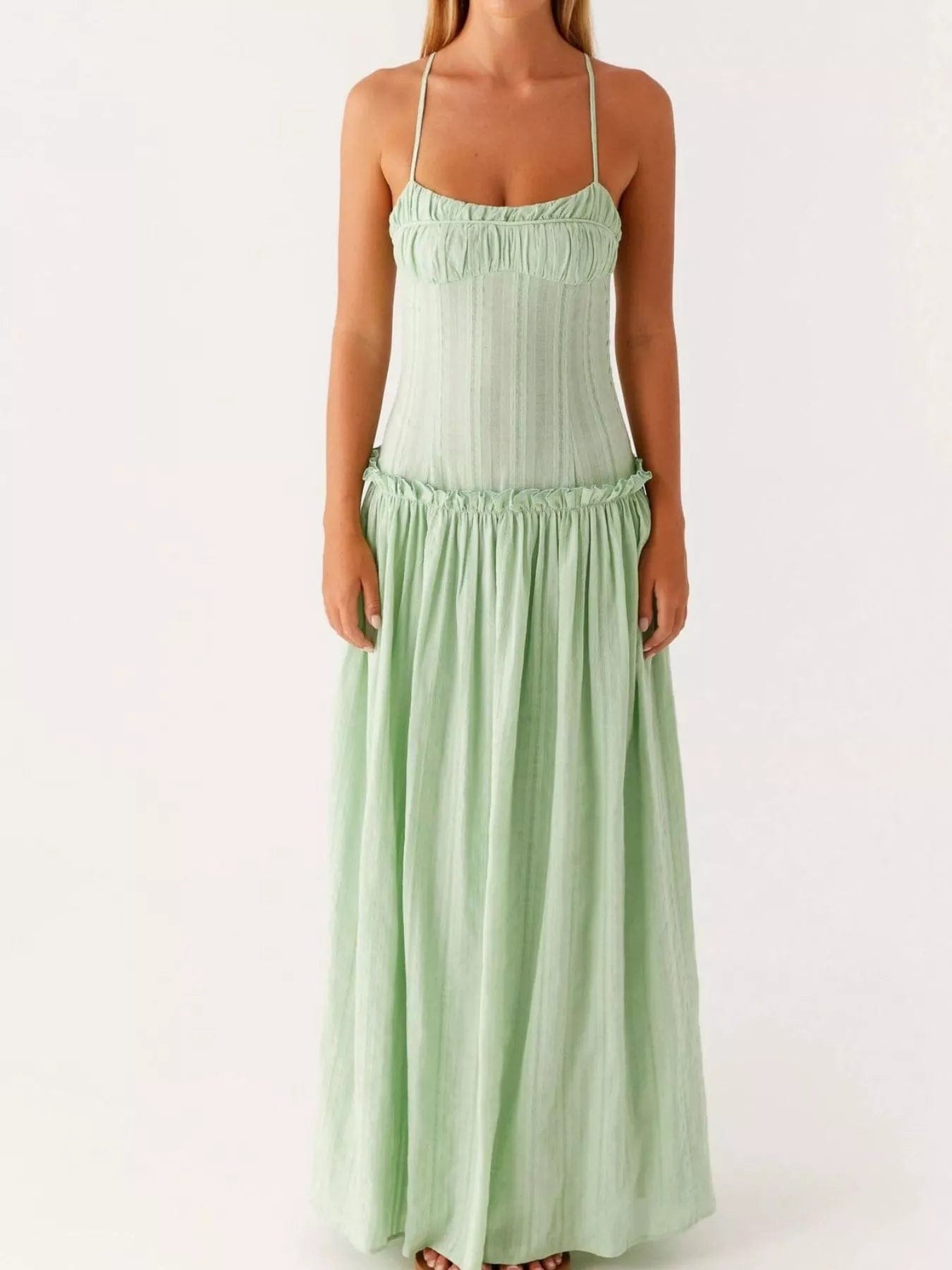 Maxi-jurk met smock en ruches en spaghetti bandjes