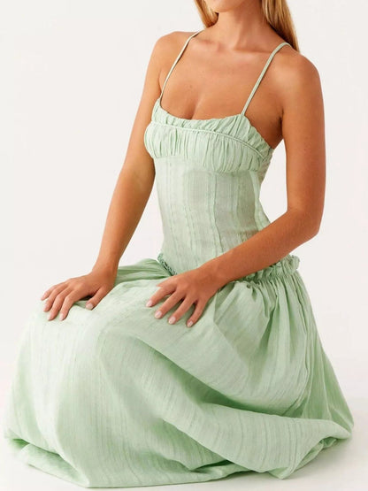 Maxi-jurk met smock en ruches en spaghetti bandjes