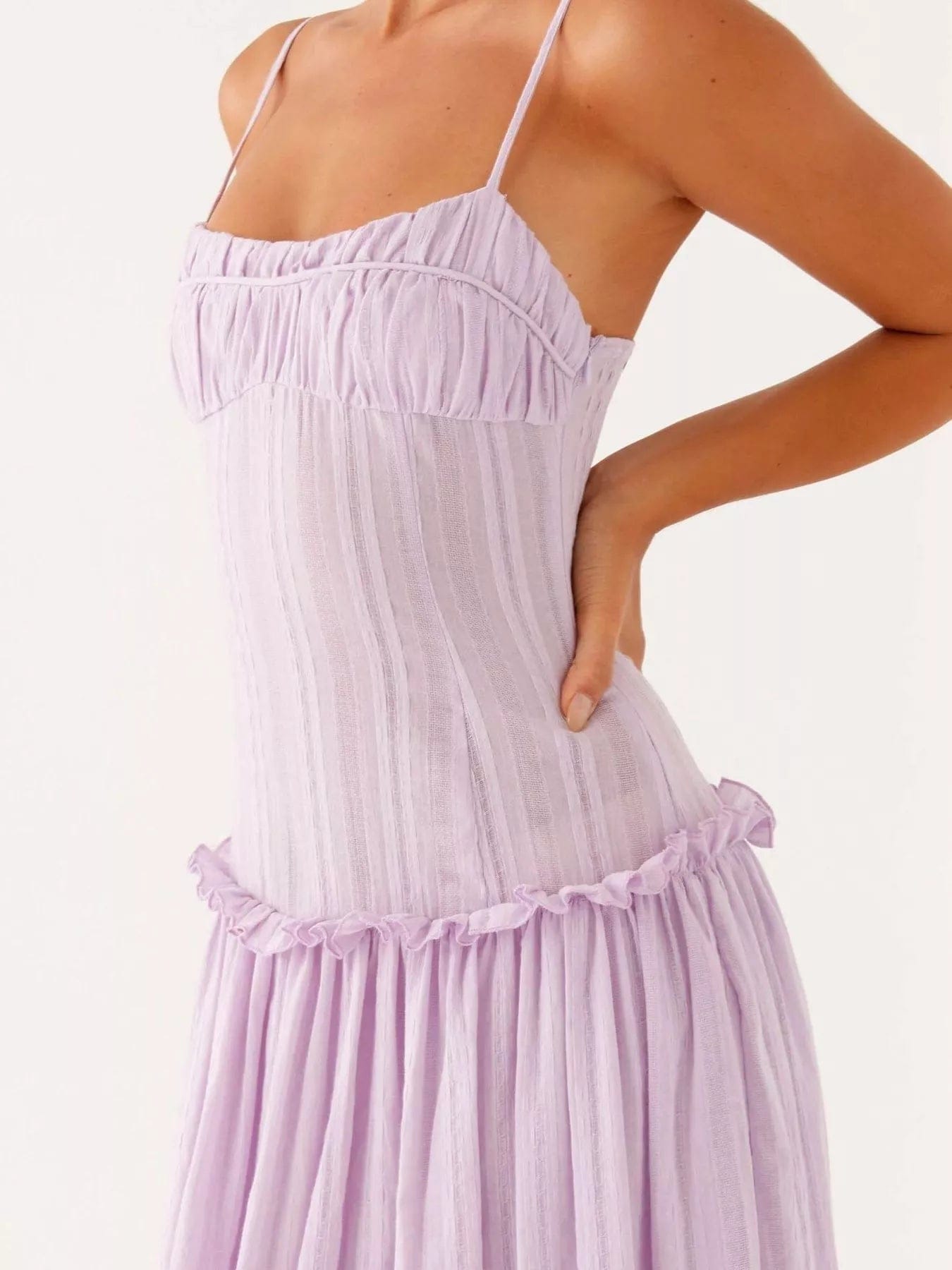 Maxi-jurk met smock en ruches en spaghetti bandjes