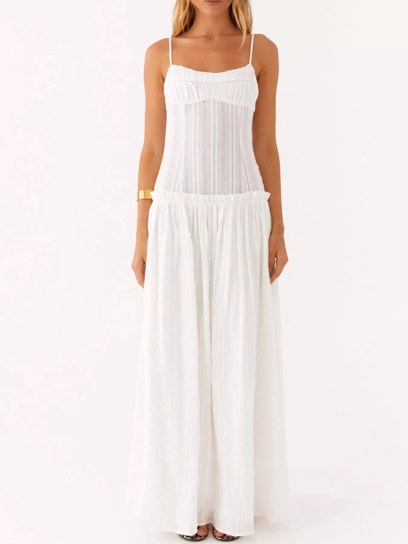 Maxi-jurk met smock en ruches en spaghetti bandjes