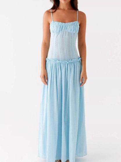 Maxi-jurk met smock en ruches en spaghetti bandjes