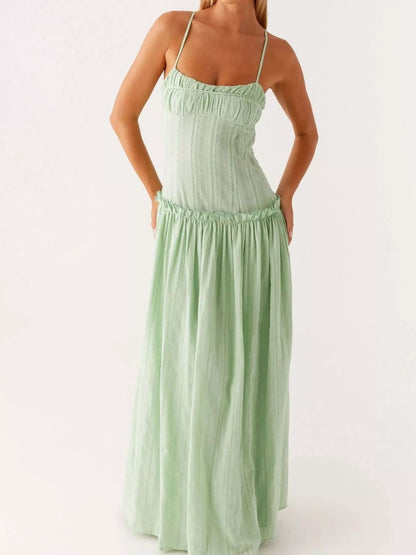 Maxi-jurk met smock en ruches en spaghetti bandjes