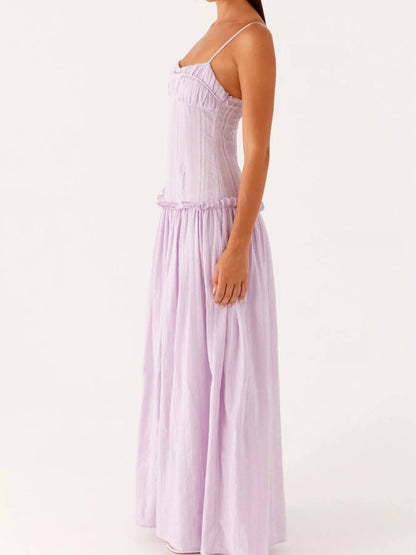 Maxi-jurk met smock en ruches en spaghetti bandjes