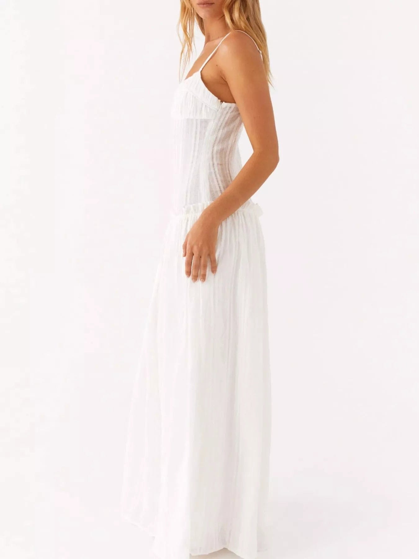 Maxi-jurk met smock en ruches en spaghetti bandjes