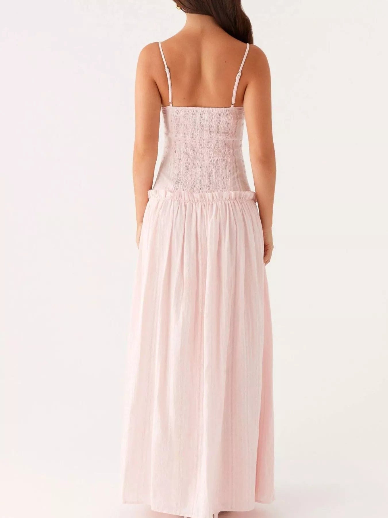 Maxi-jurk met smock en ruches en spaghetti bandjes