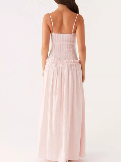 Maxi-jurk met smock en ruches en spaghetti bandjes