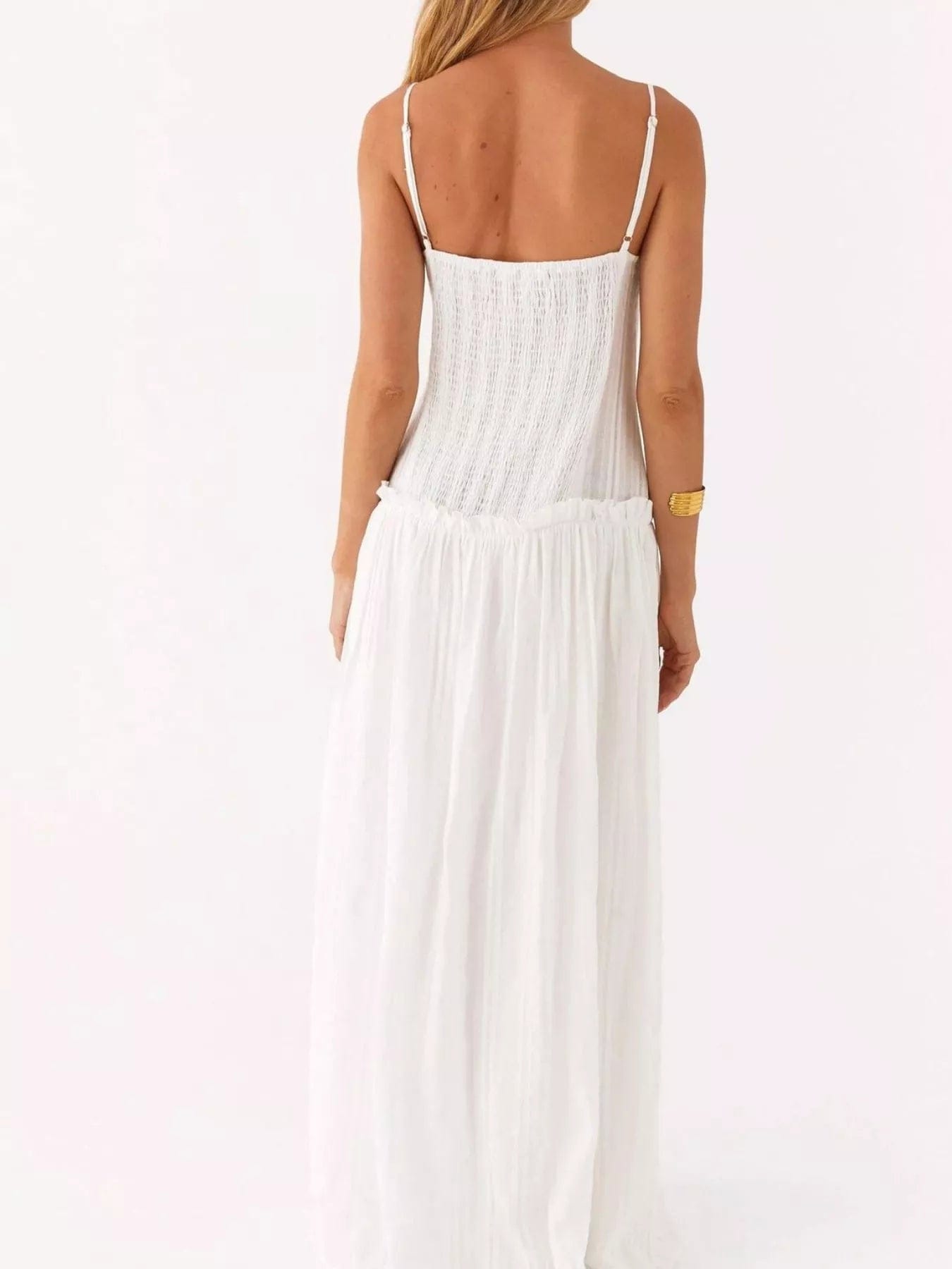Maxi-jurk met smock en ruches en spaghetti bandjes