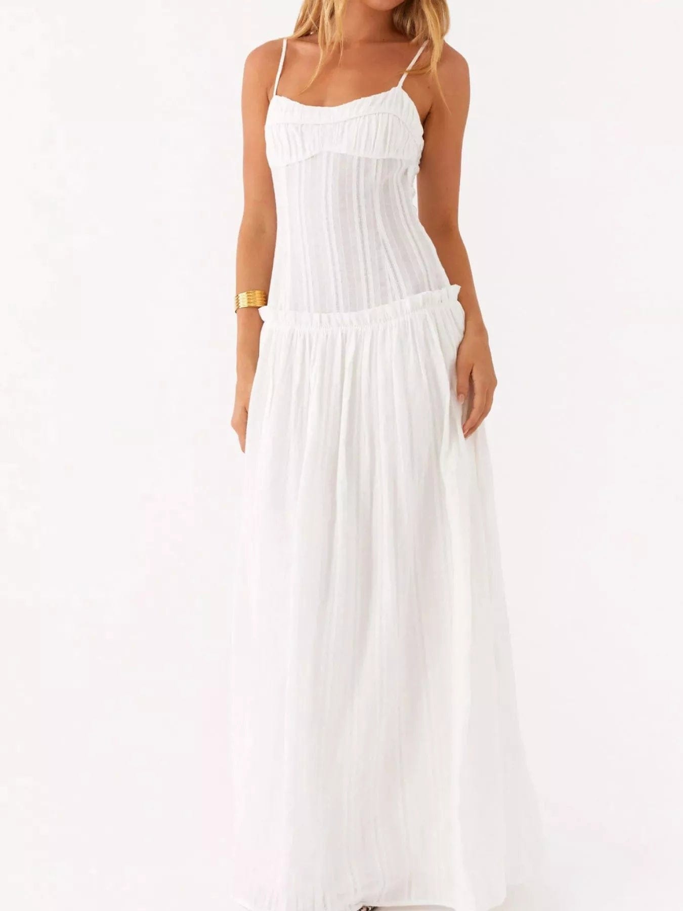 Maxi-jurk met smock en ruches en spaghetti bandjes