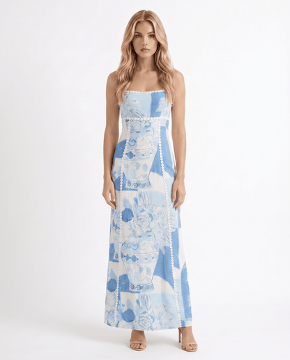 Maxi-jurk met strapless en Mediterrane print